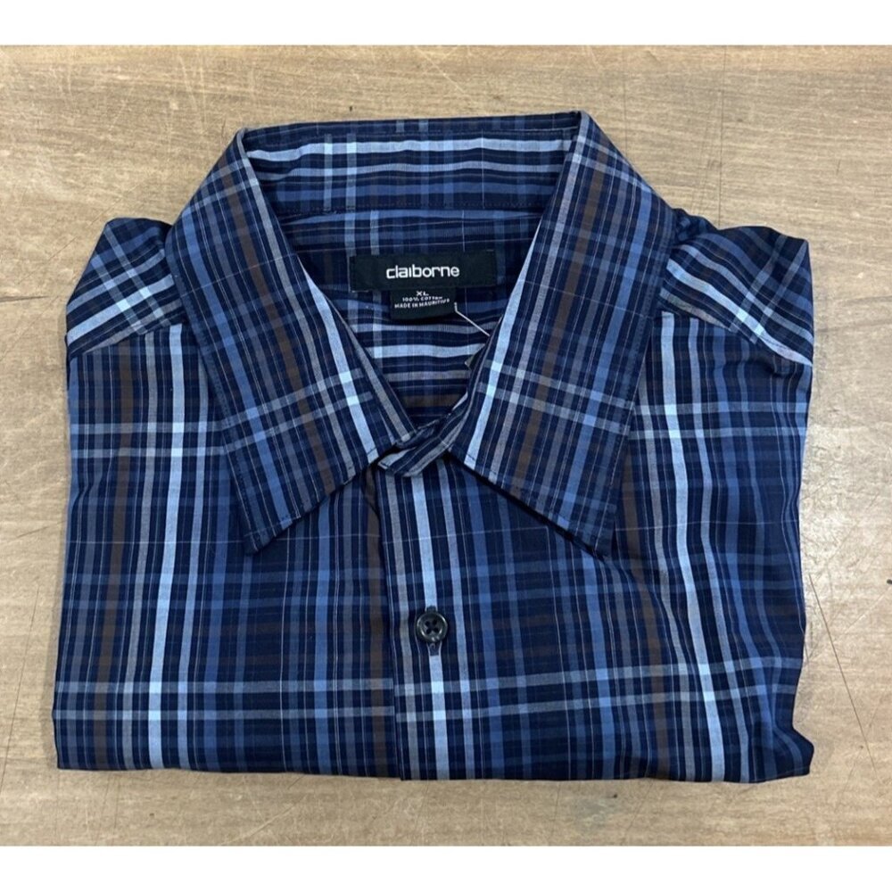 Claiborne Mens XL Long Sleeve Shirt Button Up Peacoat Blue Plaid 100% Cotton NEW
